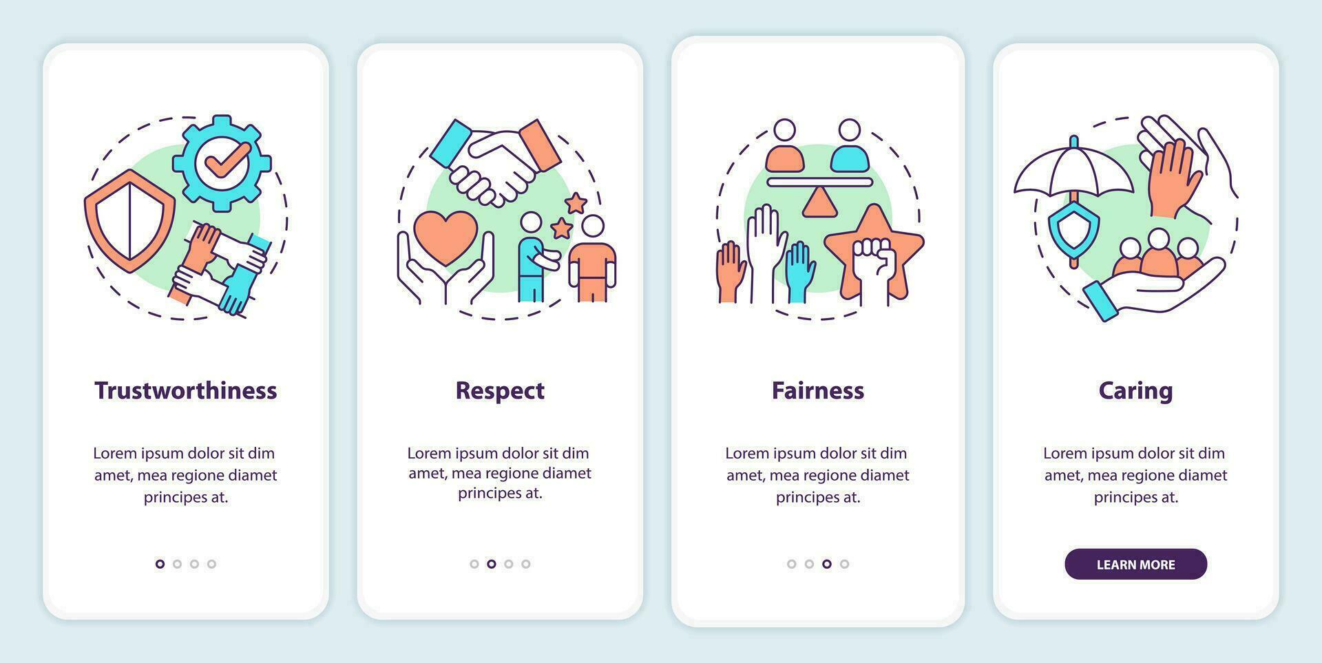 Types of business ethics onboarding mobile app screen. Respect, caring walkthrough 4 steps editable graphic instructions with linear concepts. UI, UX, GUI templated vector