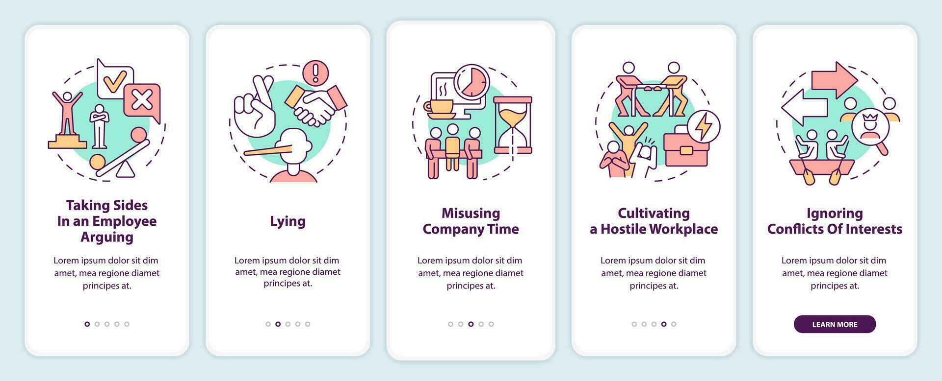 Unethical behavior onboarding mobile app screen. Misusing company time walkthrough 5 steps editable graphic instructions with linear concepts. UI, UX, GUI templated vector