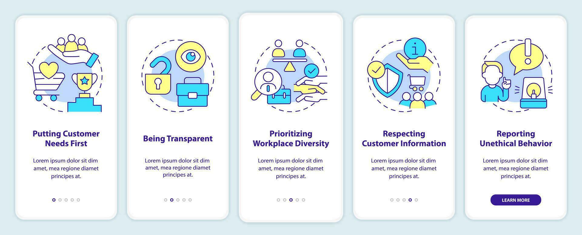 Examples of ethical behavior onboarding mobile app screen. Diversity walkthrough 5 steps editable graphic instructions with linear concepts. UI, UX, GUI templated vector