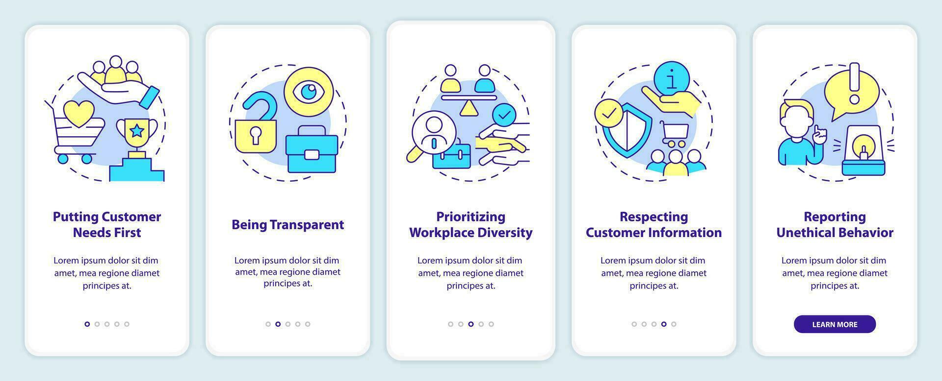 ejemplos de ético comportamiento inducción móvil aplicación pantalla. diversidad recorrido 5 5 pasos editable gráfico instrucciones con lineal conceptos. ui, ux, gui plantilla vector