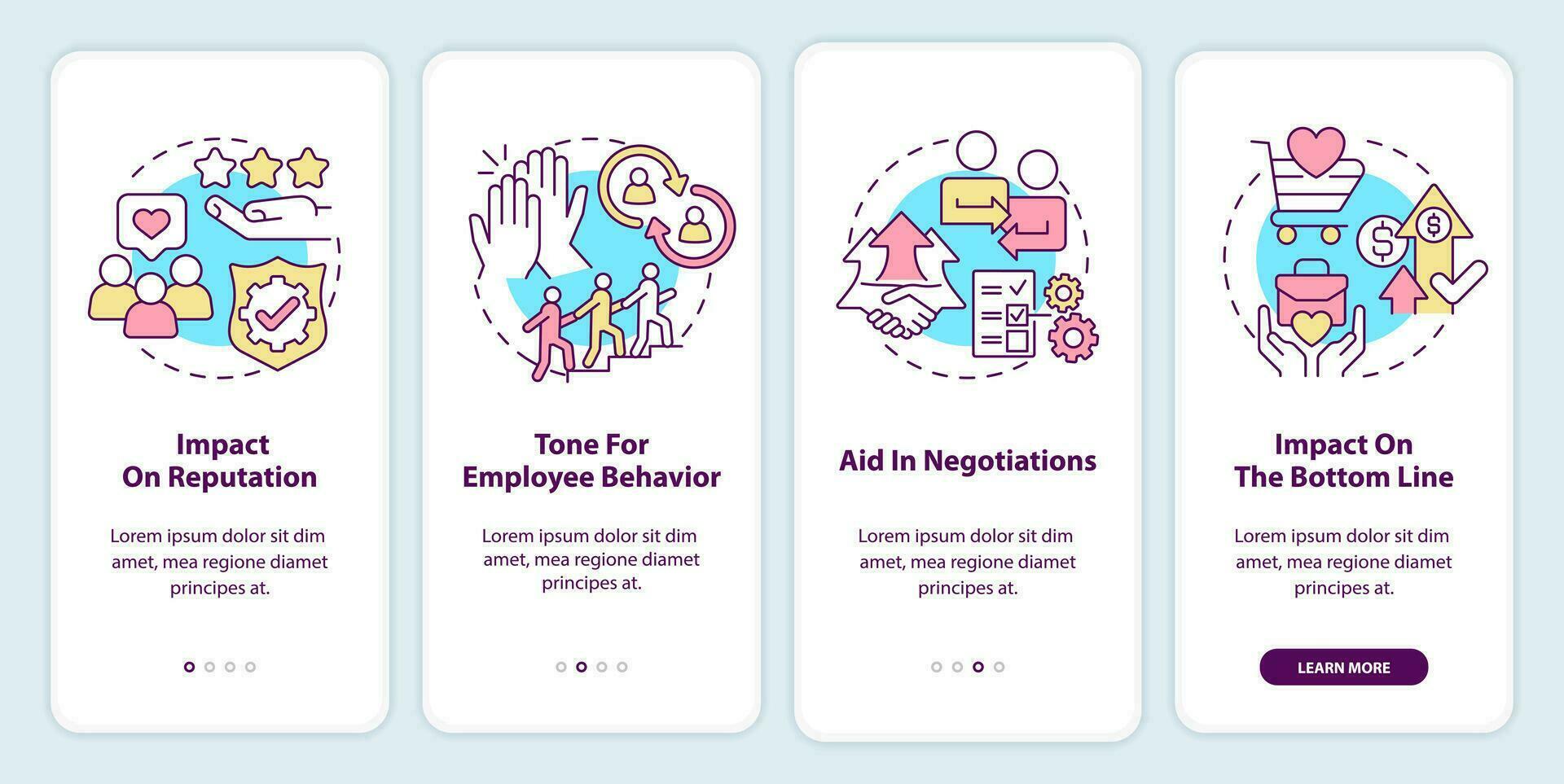 Importance of business ethics onboarding mobile app screen. Reputation walkthrough 4 steps editable graphic instructions with linear concepts. UI, UX, GUI templated vector