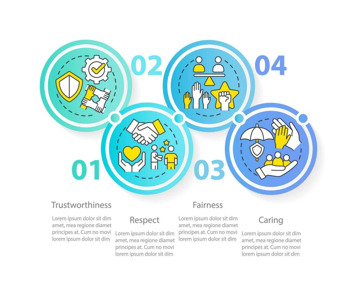 Organizational ethics elements circle infographic template. Fairness. Data visualization with 4 steps. Editable timeline info chart. Workflow layout with line icons vector