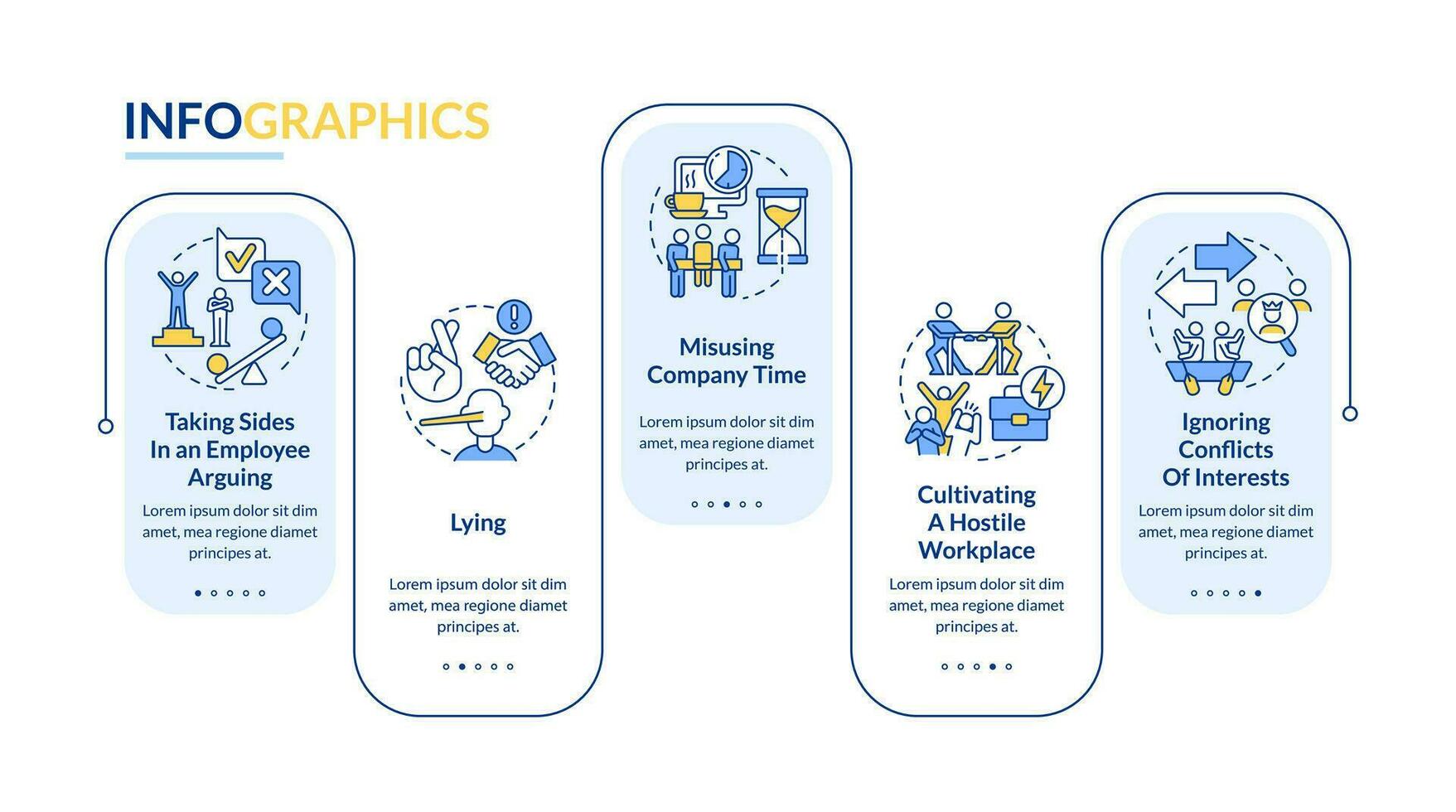 Unethical organizational behavior rectangle infographic template. Lying. Data visualization with 5 steps. Editable timeline info chart. Workflow layout with line icons vector