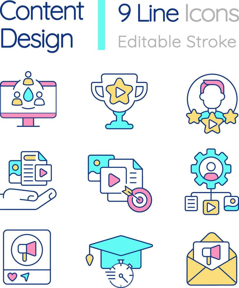 Content design RGB color icons set. Digital marketing. Online advertising campaign. Isolated vector illustrations. Simple filled line drawings collection. Editable stroke