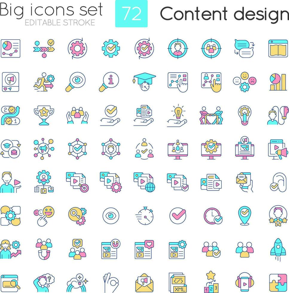 Content design RGB color icons set. Creating materials for business promotion. Isolated vector illustrations. Simple filled line drawings collection. Editable stroke