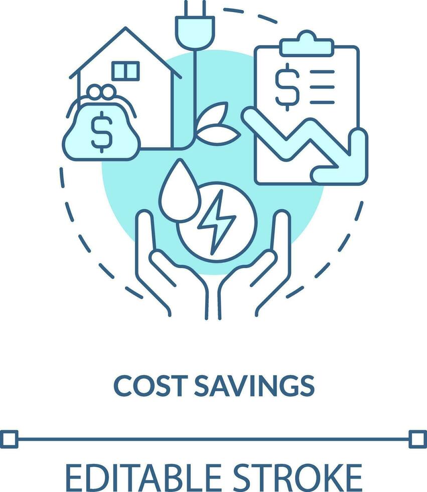 Cost savings turquoise concept icon. Power conservation. Energy efficiency benefit abstract idea thin line illustration. Isolated outline drawing. Editable stroke vector