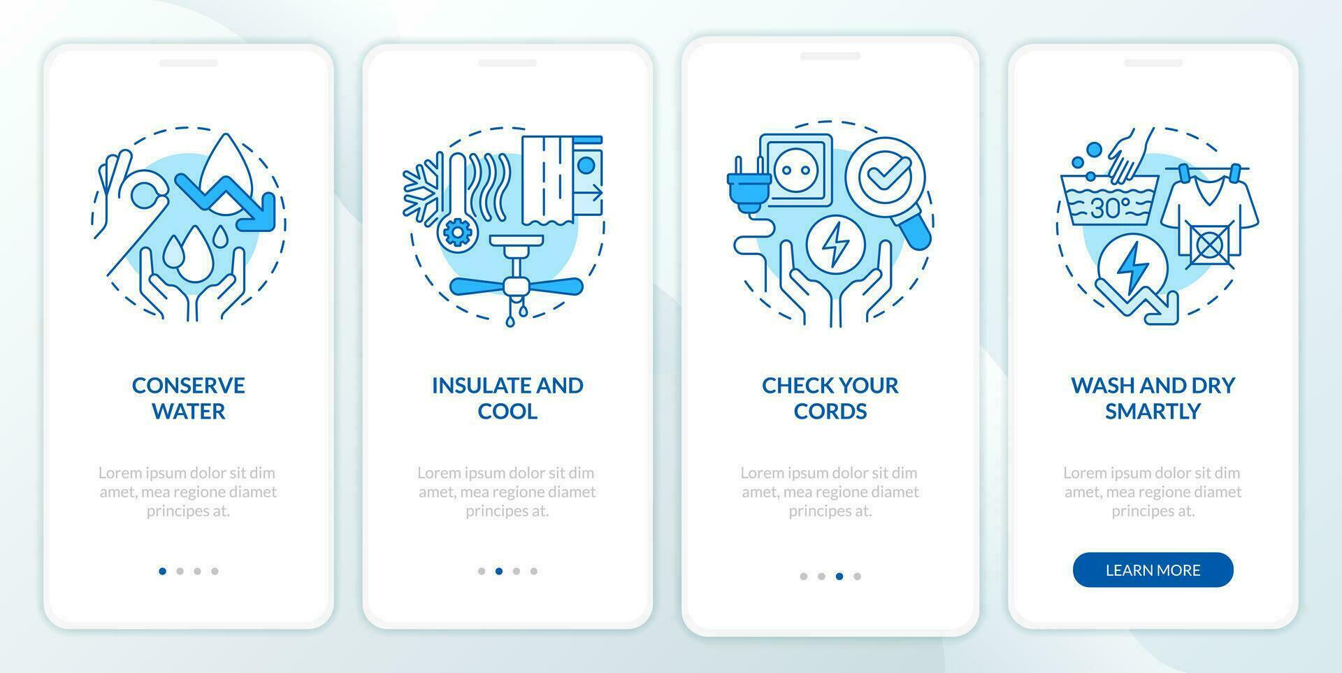 Energy efficiency at home blue onboarding mobile app screen. Walkthrough 4 steps editable graphic instructions with linear concepts. UI, UX, GUI templated vector