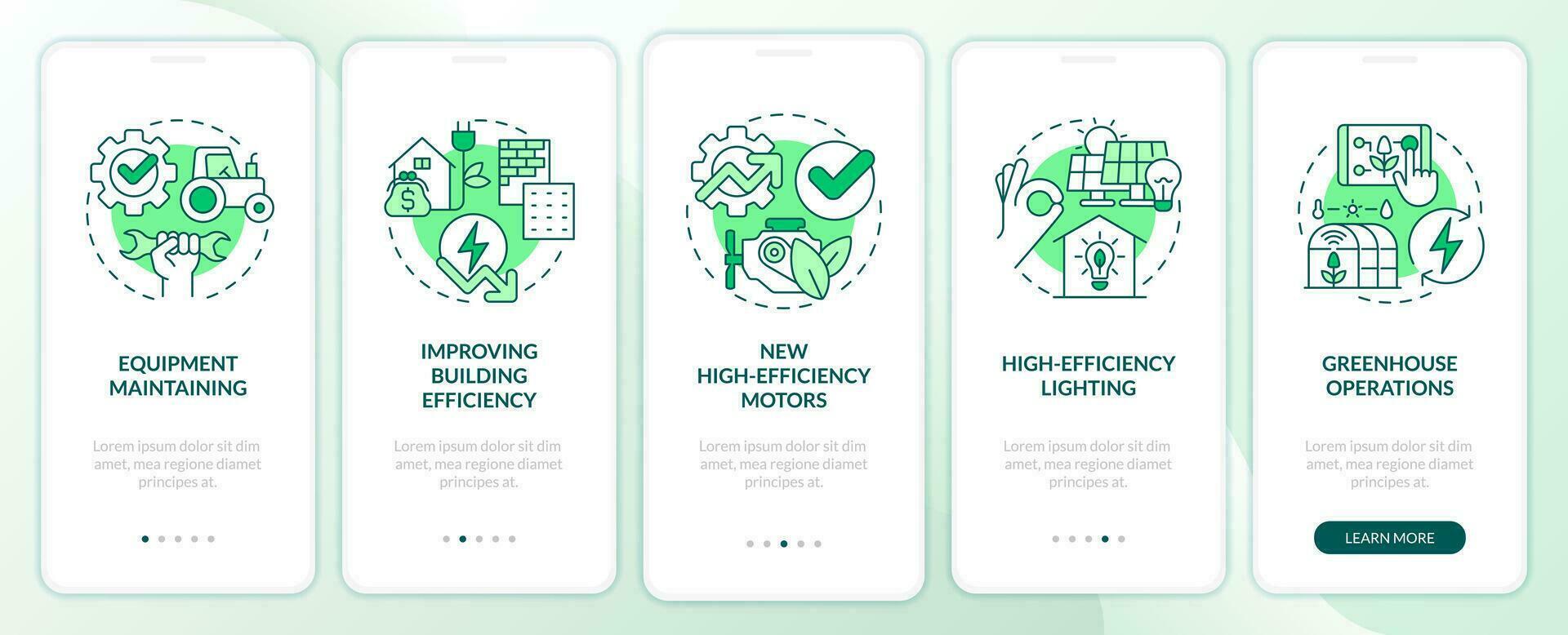 Farm energy efficiency green onboarding mobile app screen. Walkthrough 5 steps editable graphic instructions with linear concepts. UI, UX, GUI templated vector