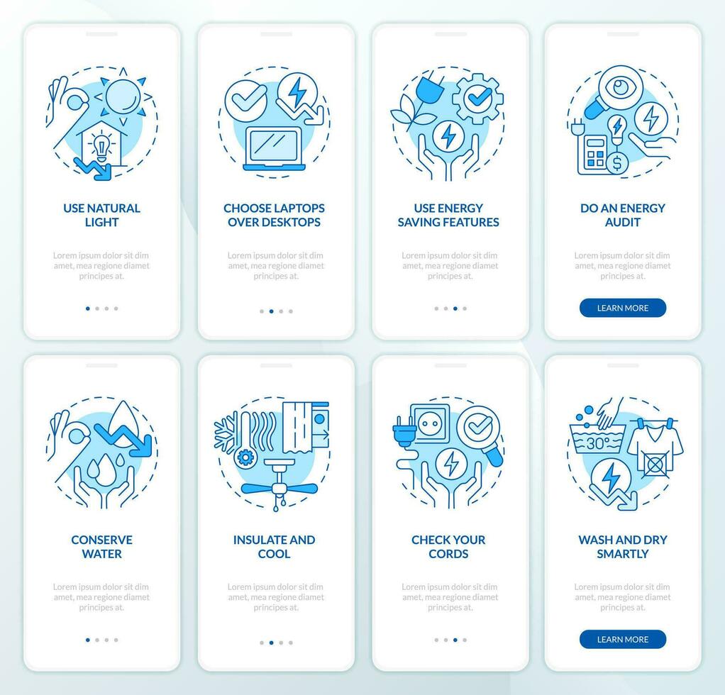 energía eficiencia azul inducción móvil aplicación pantalla colocar. hogar consejos recorrido 4 4 pasos editable gráfico instrucciones con lineal conceptos. ui, ux, gui plantilla vector