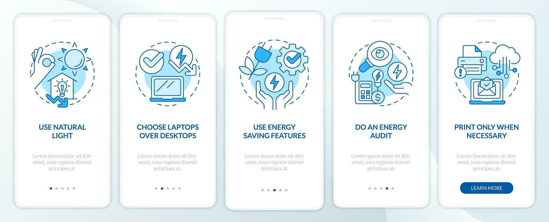 Energy efficiency at work blue onboarding mobile app screen. Walkthrough 5 steps editable graphic instructions with linear concepts. UI, UX, GUI templated vector