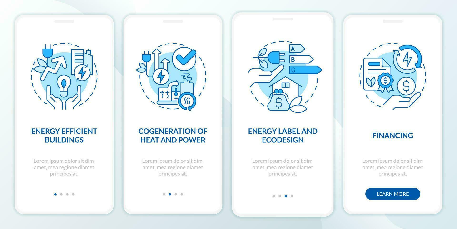 Energy efficiency and conservation blue onboarding mobile app screen. Walkthrough 4 steps editable graphic instructions with linear concepts. UI, UX, GUI templated vector