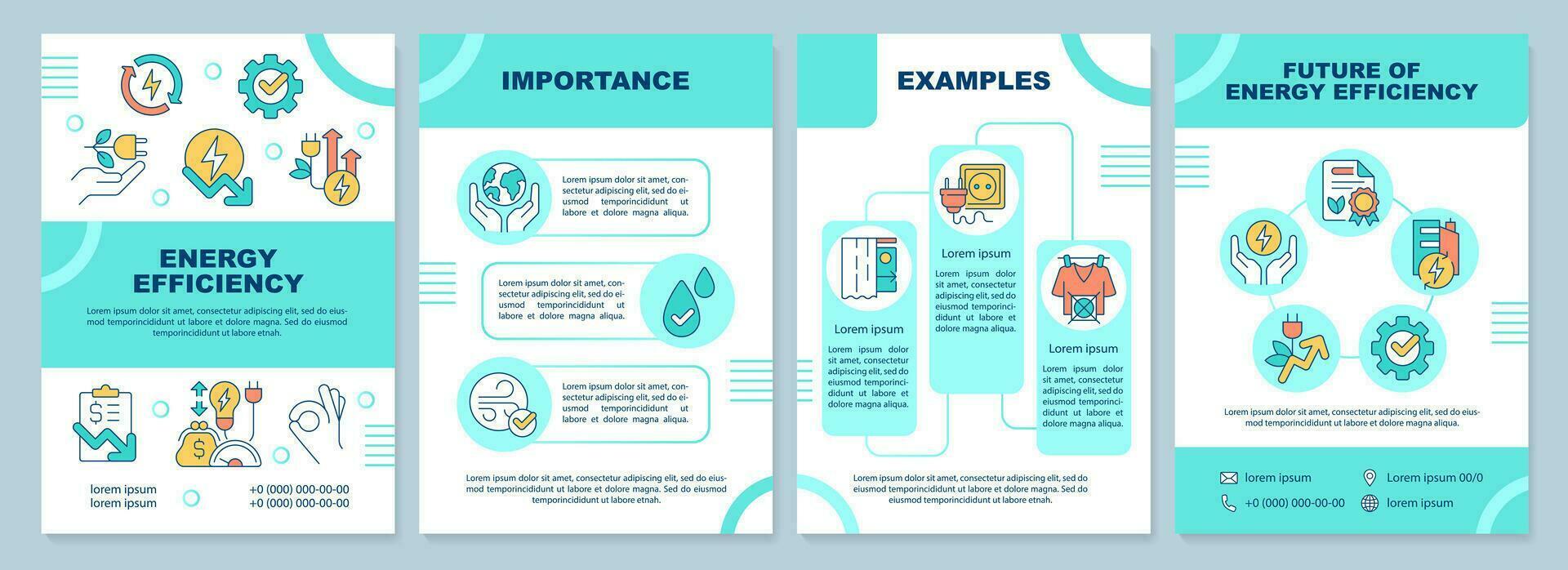 Energy efficiency turquoise brochure template. Leaflet design with linear icons. Editable 4 vector layouts for presentation, annual reports