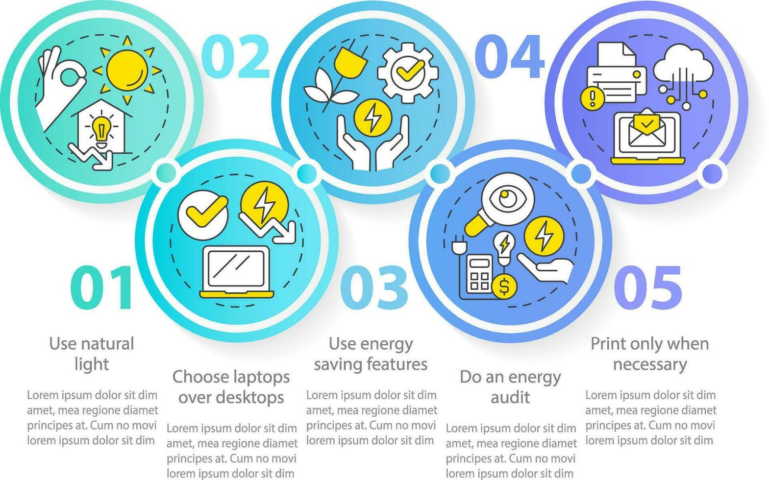 energía eficiencia a trabajo azul circulo infografía modelo. datos visualización con 5 5 pasos. editable cronograma informacion cuadro. flujo de trabajo diseño con línea íconos vector