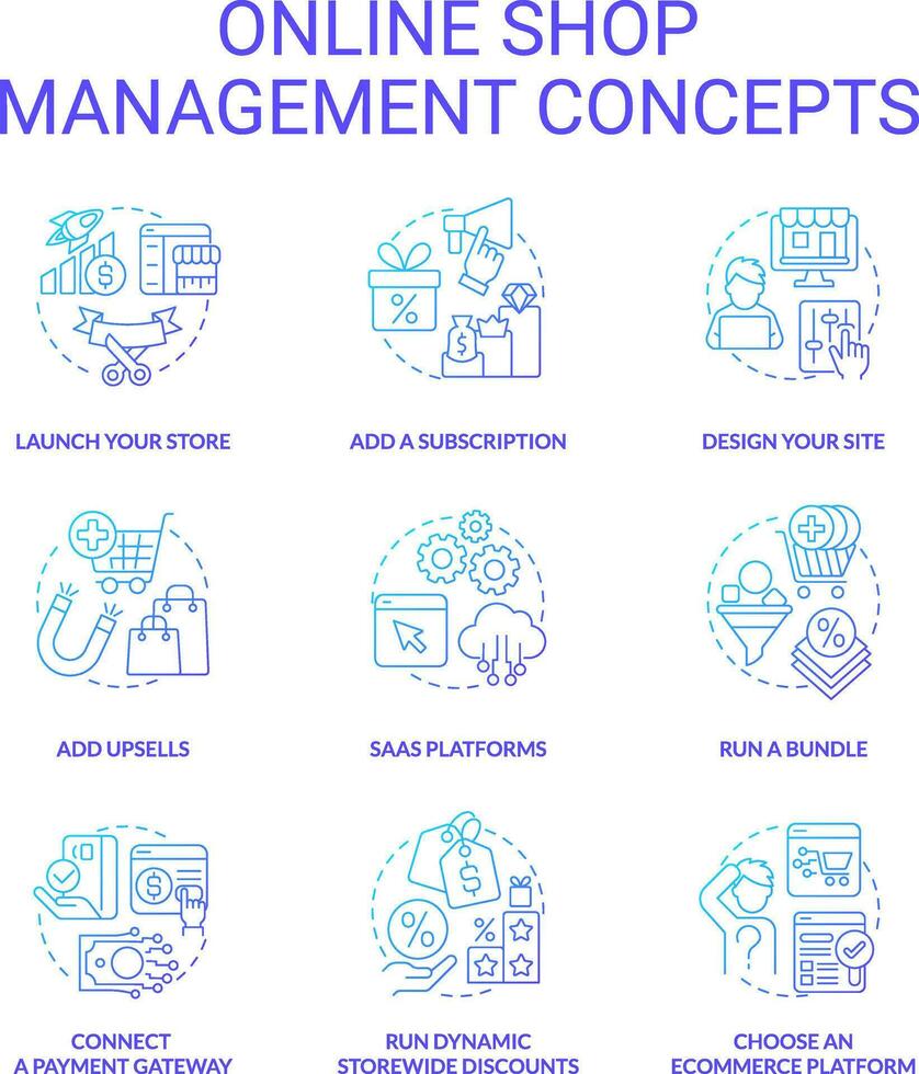 Online shop management blue gradient concept icons set. Online sales. Marketing techniques. Ecommerce idea thin line color illustrations. Isolated symbols vector
