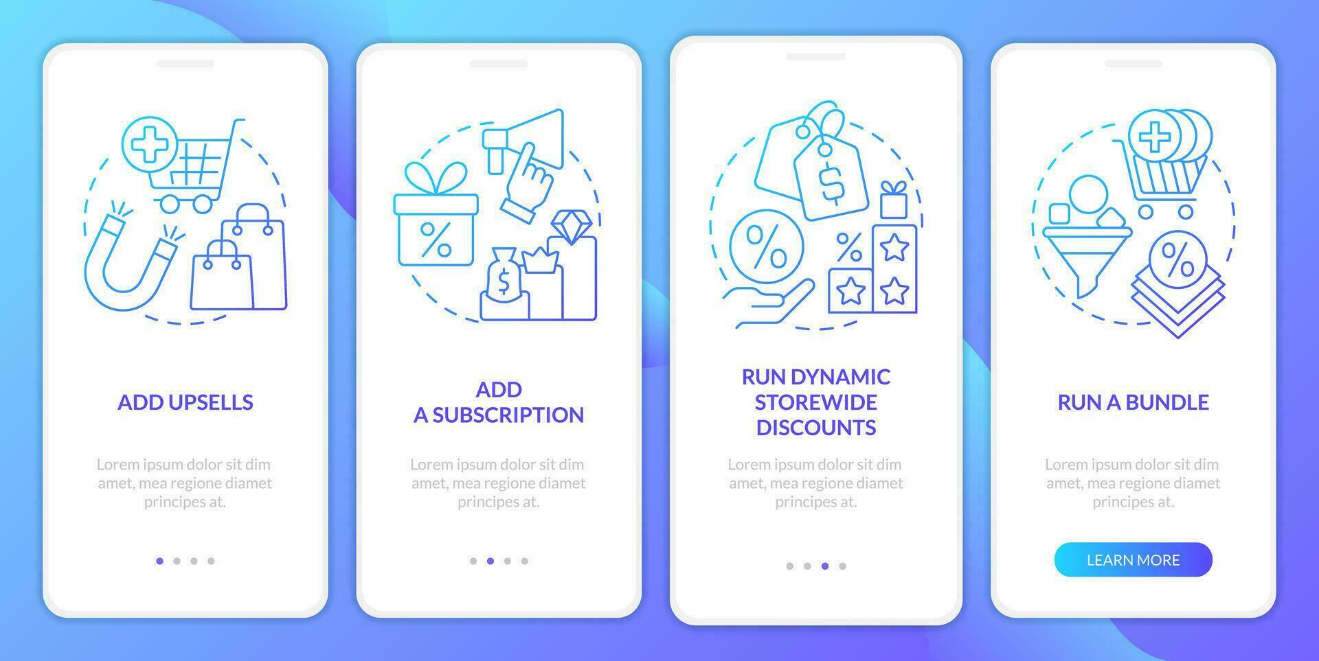 Optimizing online business blue gradient onboarding mobile app screen. Walkthrough 4 steps graphic instructions with linear concepts. UI, UX, GUI templated vector