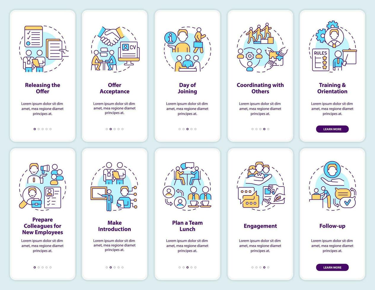 Developing employee integration onboarding mobile app screen set. Walkthrough 5 steps editable graphic instructions with linear concepts. UI, UX, GUI templated vector