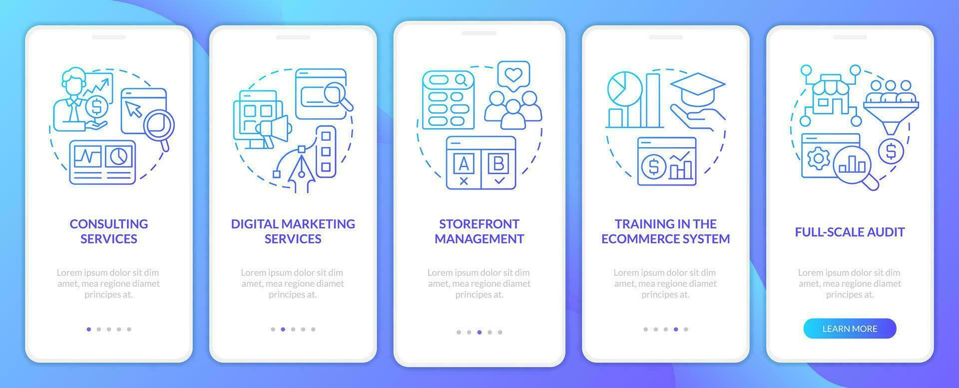 Online shop management services blue gradient onboarding mobile app screen. Walkthrough 5 steps graphic instructions with linear concepts. UI, UX, GUI templated vector