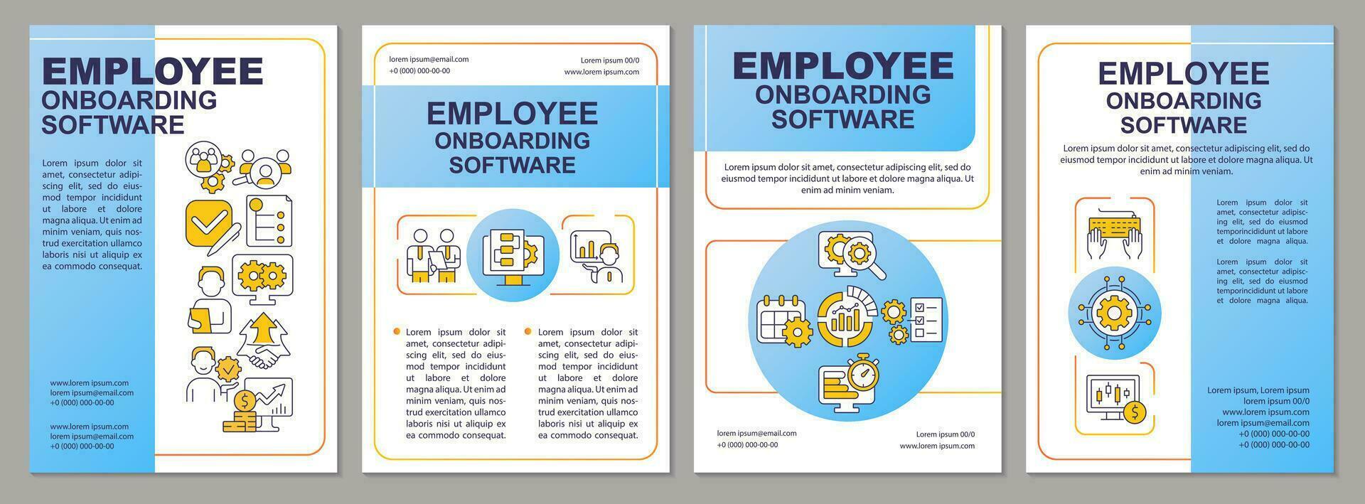 Employee adaptation software blue brochure template. Leaflet design with linear icons. Editable 4 vector layouts for presentation, annual reports