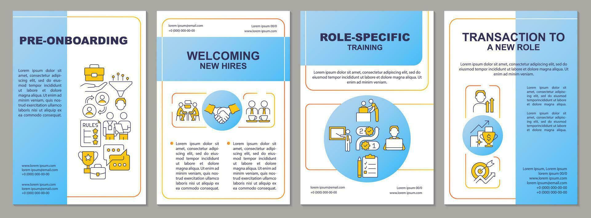 Worker integration phases blue brochure template. Job joining. Leaflet design with linear icons. Editable 4 vector layouts for presentation, annual reports