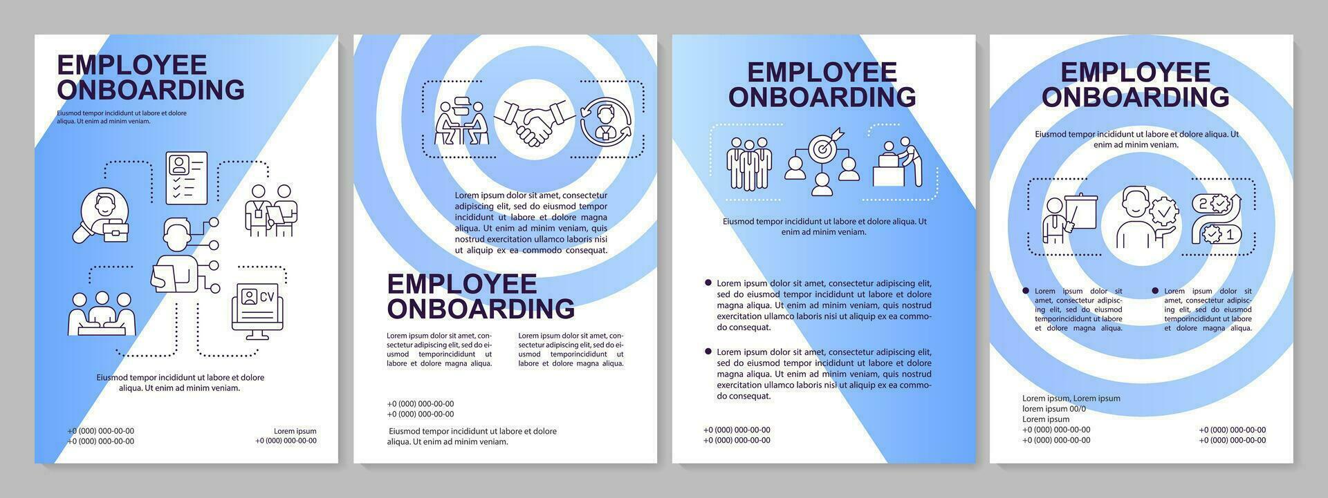 Employee adaptation blue brochure template. Socialization. Leaflet design with linear icons. Editable 4 vector layouts for presentation, annual reports