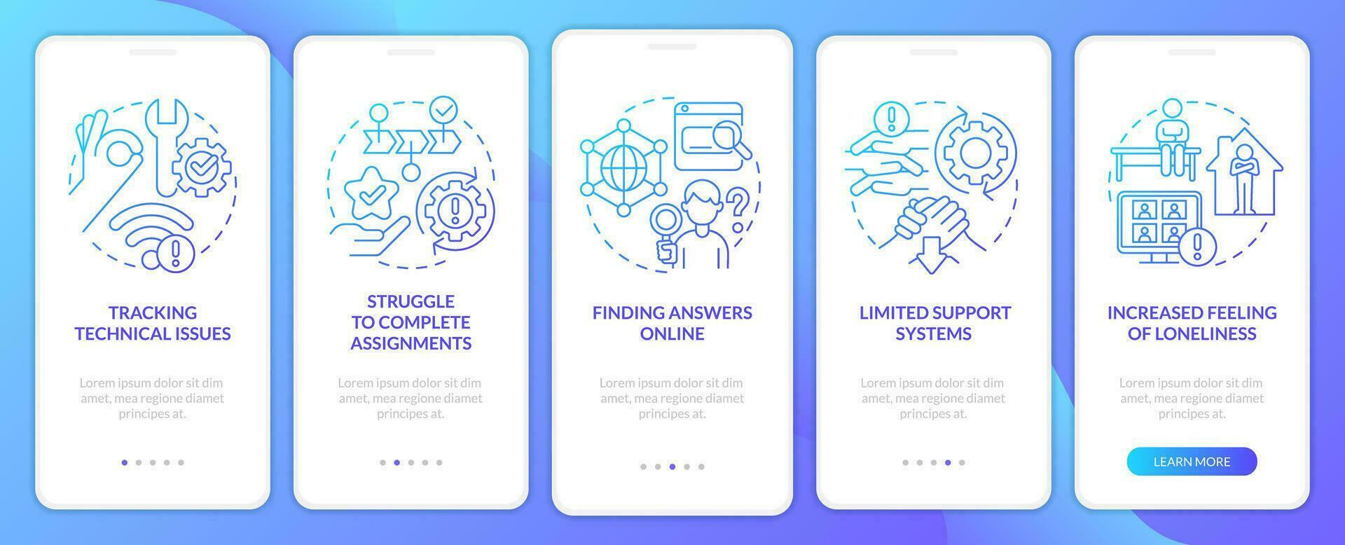 Managing remote students stress blue gradient onboarding mobile app screen. Walkthrough 5 steps graphic instructions with linear concepts. UI, UX, GUI templated vector