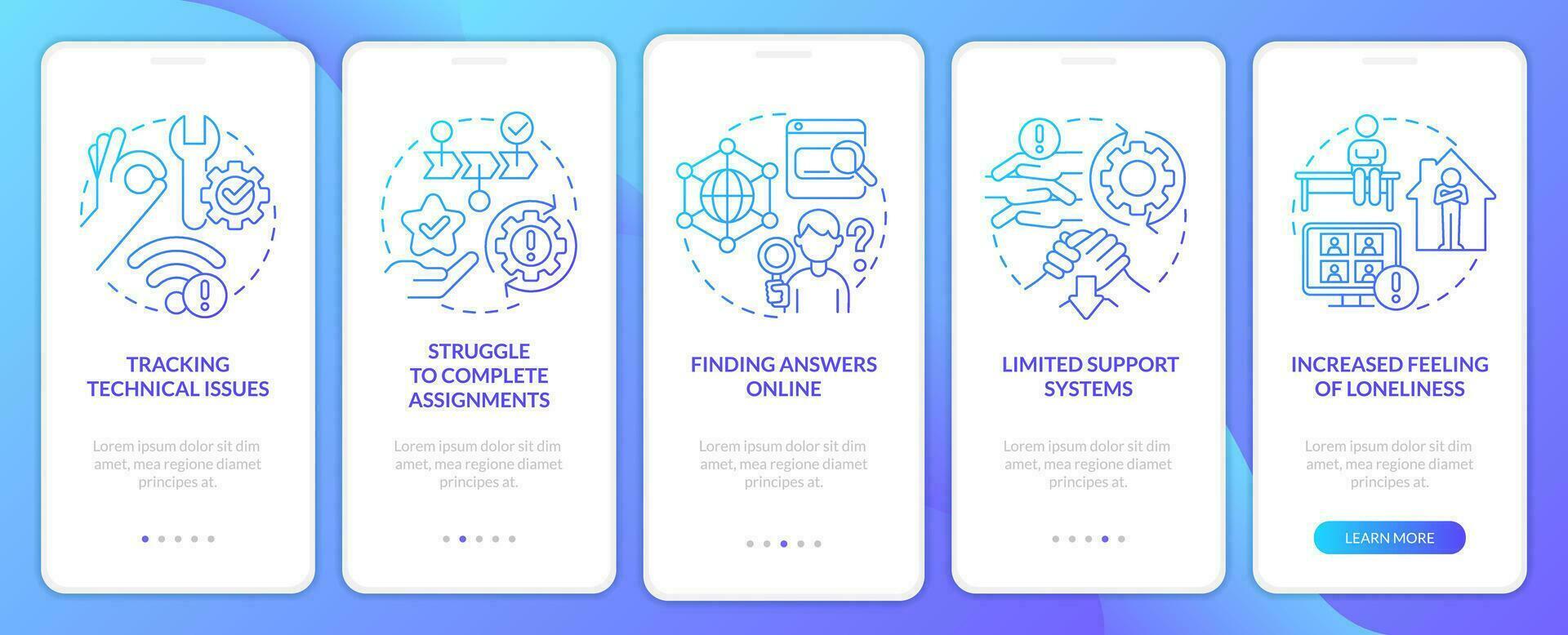 gerente remoto estudiantes estrés azul degradado inducción móvil aplicación pantalla. recorrido 5 5 pasos gráfico instrucciones con lineal conceptos. ui, ux, gui plantilla vector