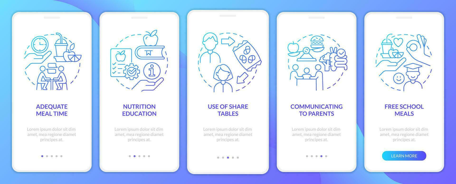 School lunch program importance blue gradient onboarding mobile app screen. Walkthrough 5 steps graphic instruction with linear concepts. UI, UX, GUI templated vector