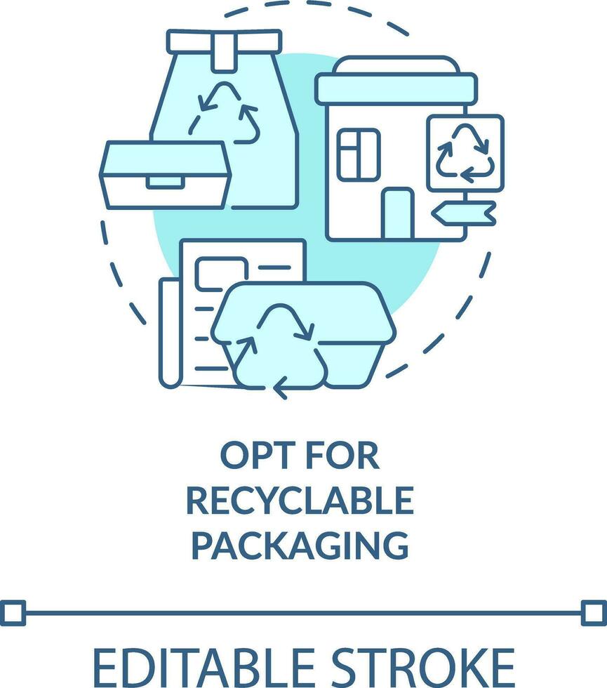 Opt for recyclable packaging turquoise concept icon. Zero waste shopping abstract idea thin line illustration. Isolated outline drawing. Editable stroke vector