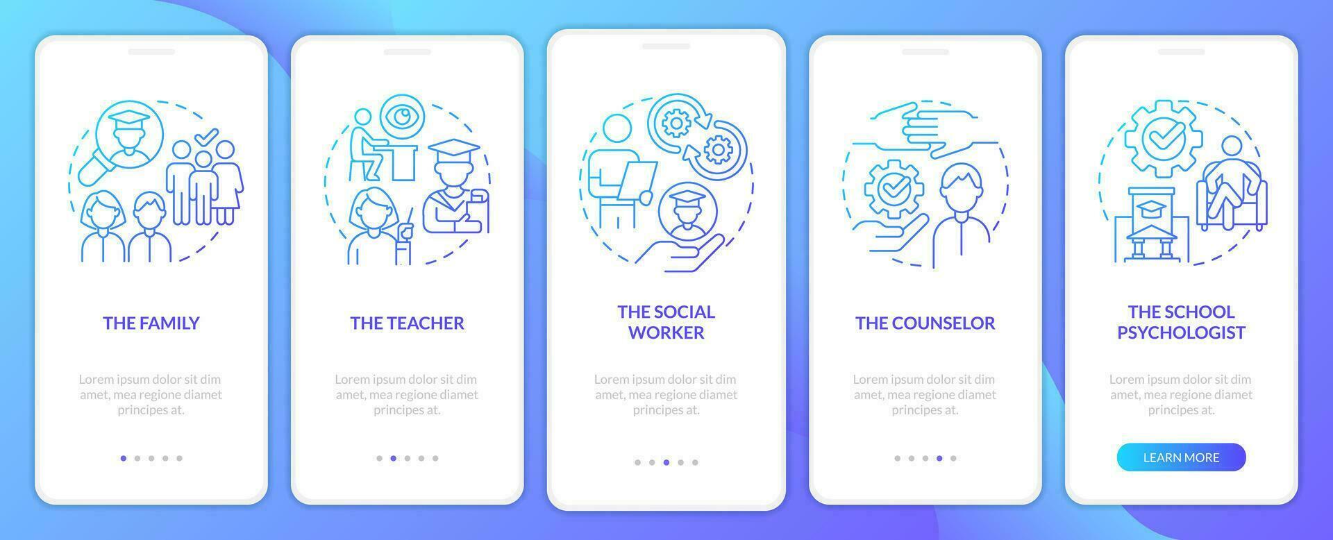 Responsibility for student mental health gradient onboarding mobile app screen. Walkthrough 5 steps graphic instructions with linear concepts. UI, UX, GUI templated vector