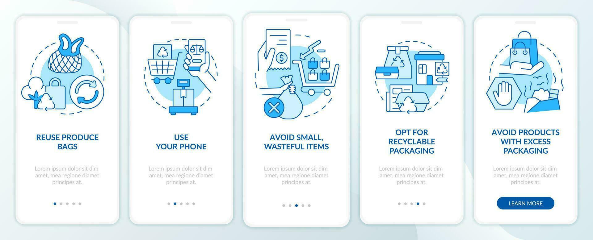 reducir residuos mientras compras azul inducción móvil aplicación pantalla. recorrido 5 5 pasos editable gráfico instrucciones con lineal conceptos. ui, ux, gui plantilla vector