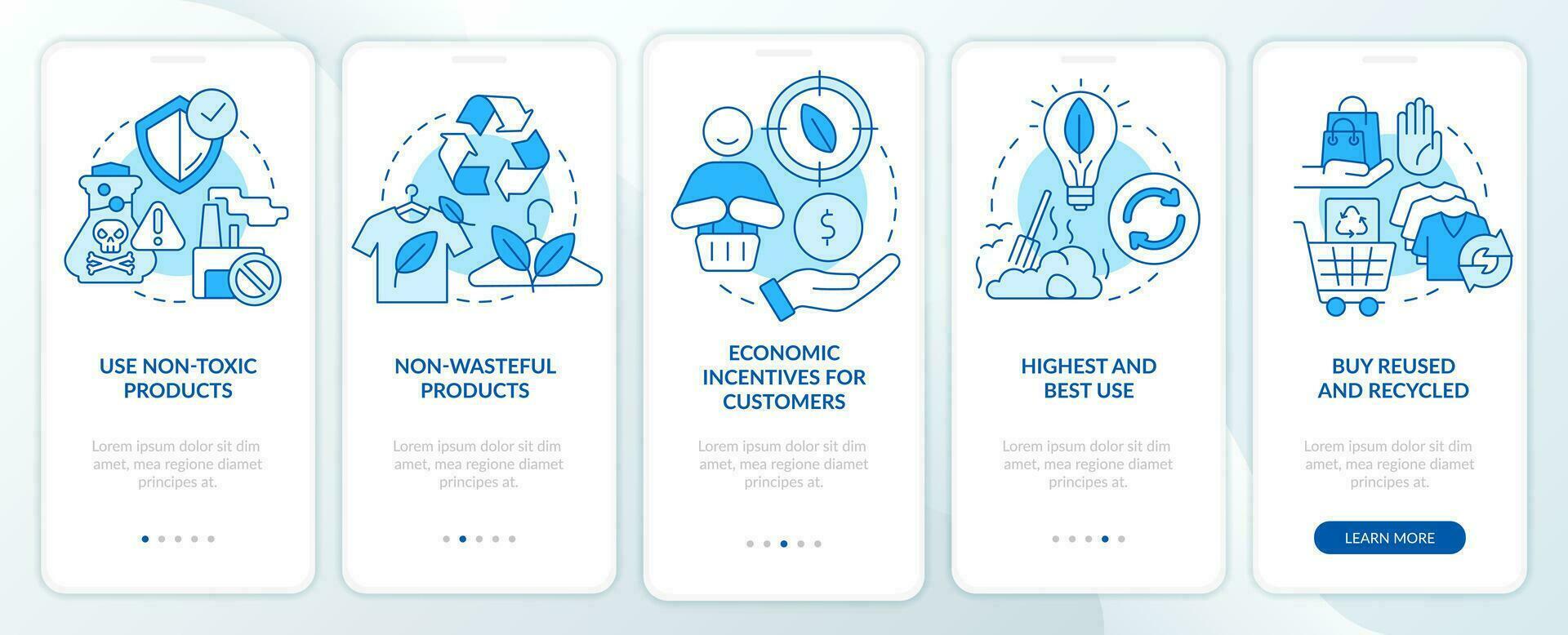 Zero waste business key elements blue onboarding mobile app screen. Walkthrough 5 steps editable graphic instructions with linear concepts. UI, UX, GUI templated vector