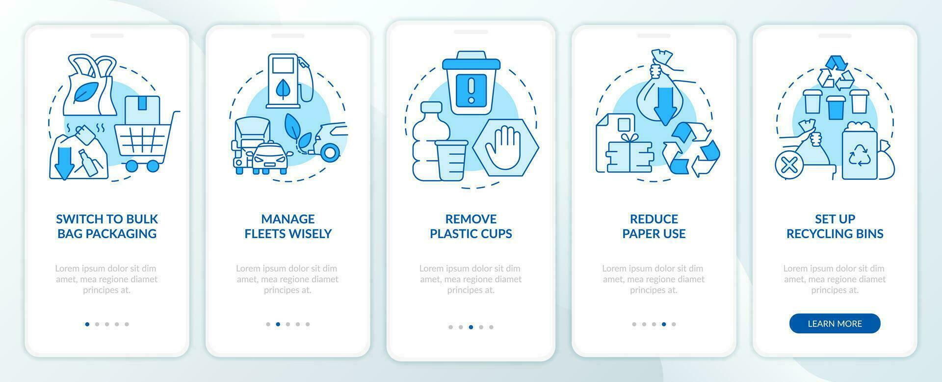 Becoming zero waste brand blue onboarding mobile app screen. Walkthrough 5 steps editable graphic instructions with linear concepts. UI, UX, GUI templated vector