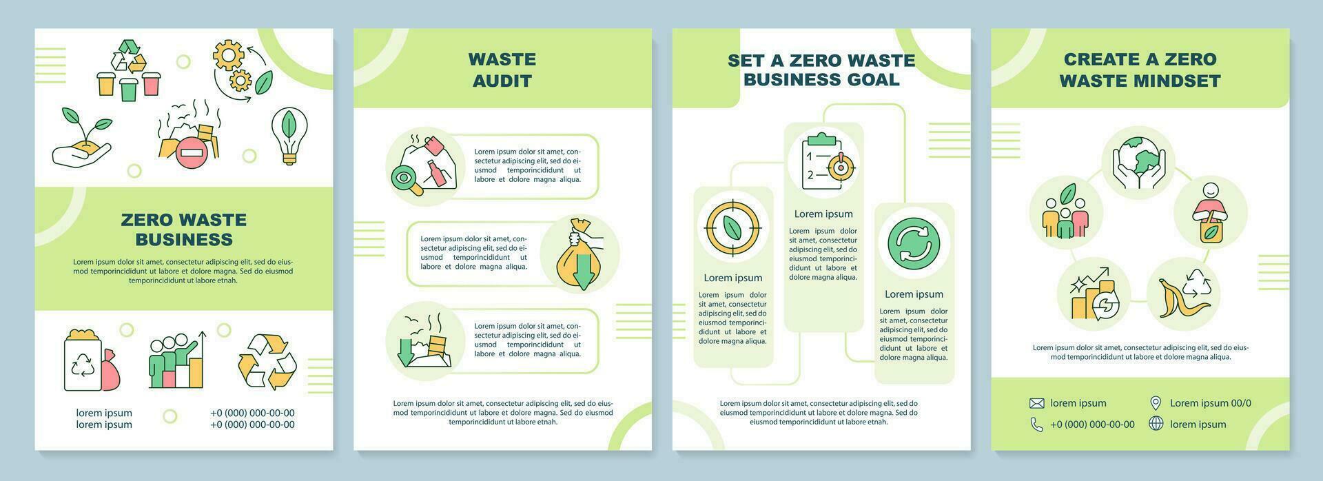 Zero waste business principles green brochure template. Audit. Leaflet design with linear icons. Editable 4 vector layouts for presentation, annual reports