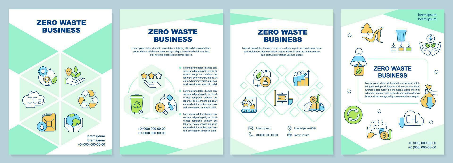 Zero waste business mint brochure template. Sustainability. Leaflet design with linear icons. Editable 4 vector layouts for presentation, annual reports