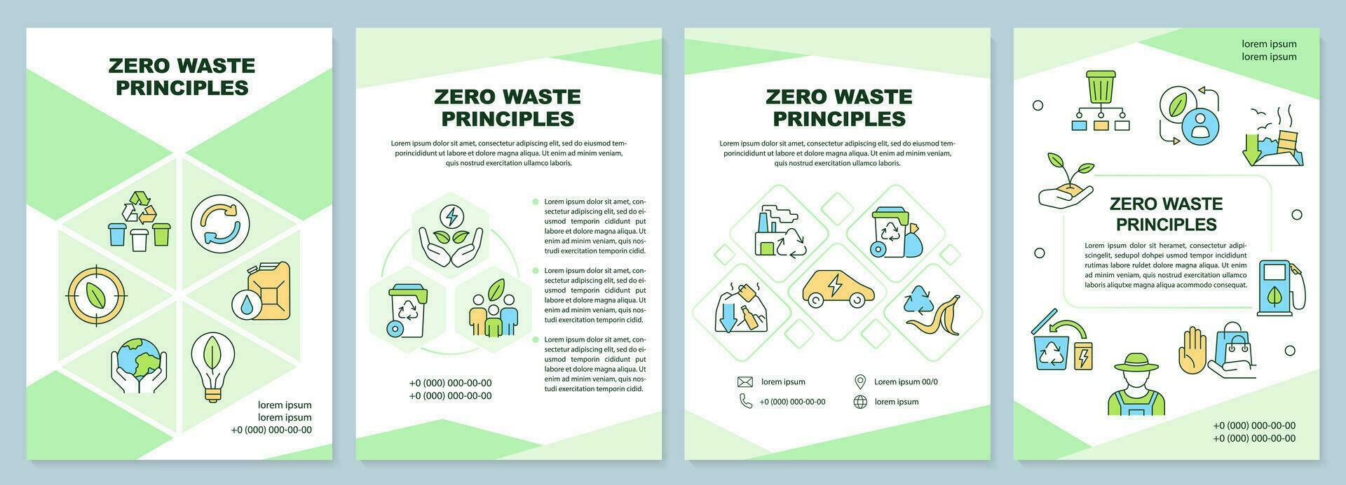 Zero waste principles green brochure template. Eco friendly. Leaflet design with linear icons. Editable 4 vector layouts for presentation, annual reports
