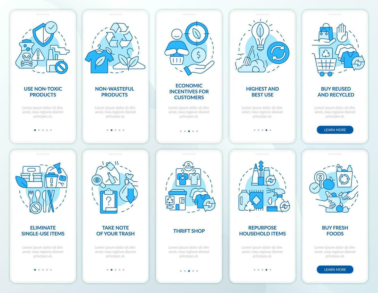 lograr cero residuos metas azul inducción móvil aplicación pantalla colocar. recorrido 5 5 pasos editable gráfico instrucciones con lineal conceptos. ui, ux, gui plantilla vector