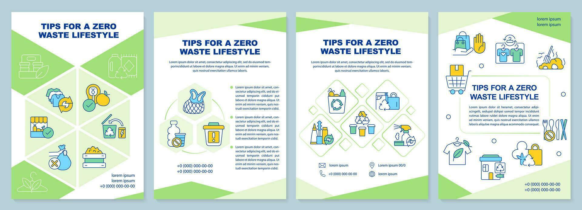 Tips for zero waste lifestyle green brochure template. Leaflet design with linear icons. Editable 4 vector layouts for presentation, annual reports