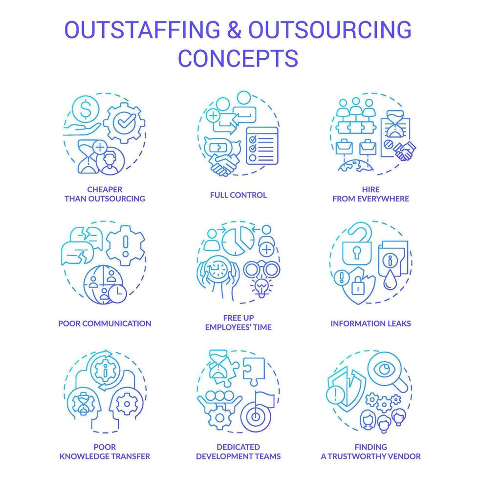 Outstaffing and outsourcing blue gradient concept icons set. Hiring contract employees remotely idea thin line color illustrations. Isolated symbols vector