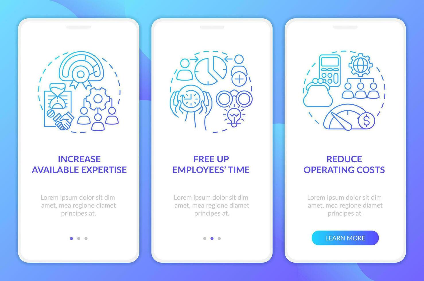 Outsourcing pros for business process blue gradient onboarding mobile app screen. Walkthrough 3 steps graphic instructions with line concepts. UI, UX, GUI templated vector