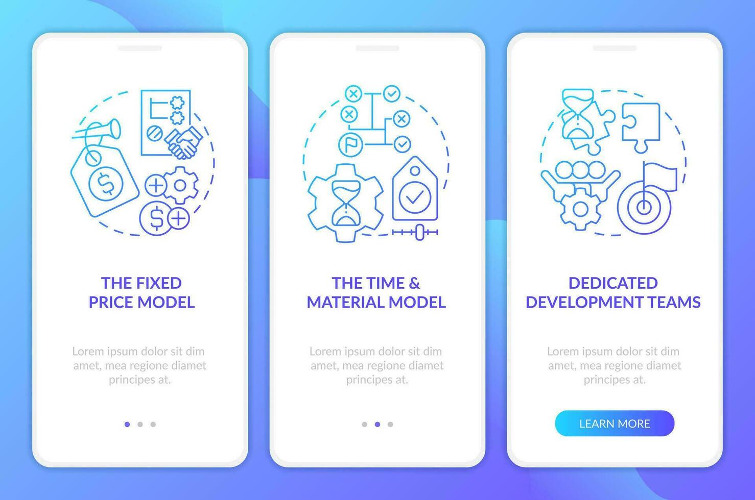 Pricing models in IT outsourcing blue gradient onboarding mobile app screen. Walkthrough 3 steps graphic instructions with linear concepts. UI, UX, GUI templated vector