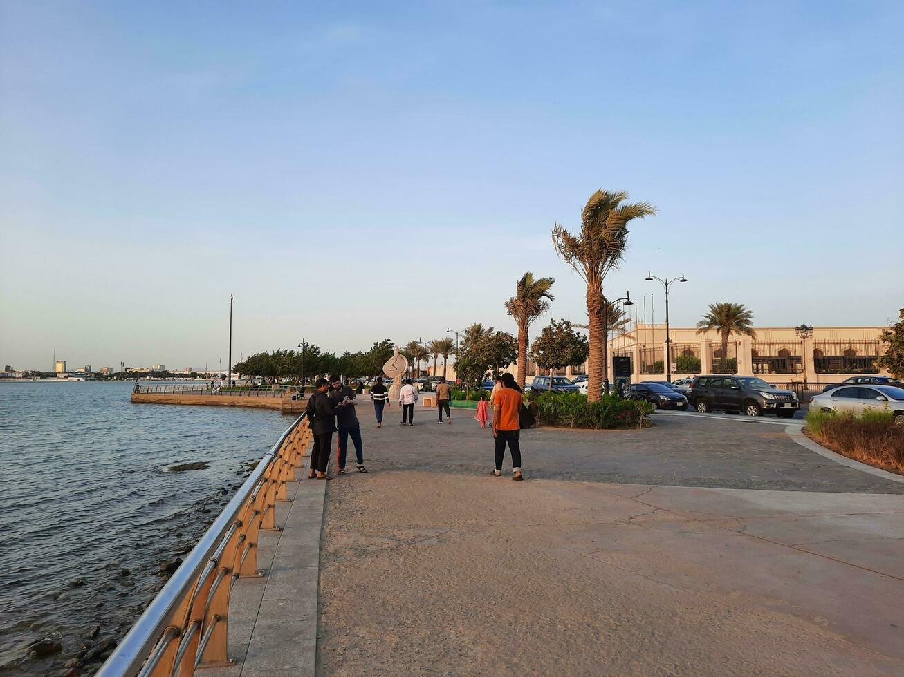 Jeddah, Saudi Arabia, June 2023 - A beautiful evening view of the Public Park on the Jeddah Corniche. This park is located right next to the sea. photo