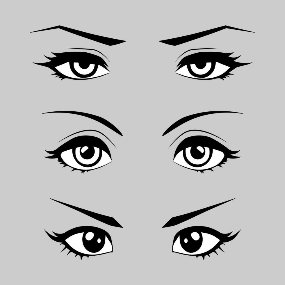 Set of female eyes with eyebrows in anime style. vector