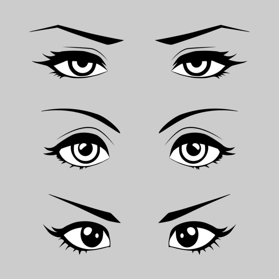 conjunto de hembra ojos con Cejas en anime estilo. vector