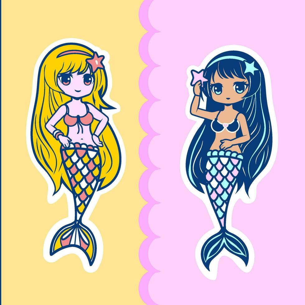 Little mermaid is blonde and the little mermaid is brunette with dark skin. vector