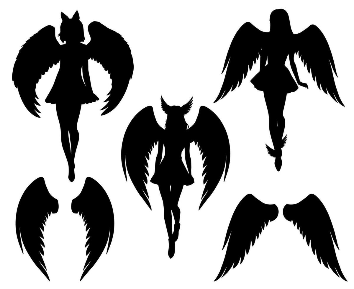 Set of silhouettes of anime girls with wings, angels, sorceresses. vector