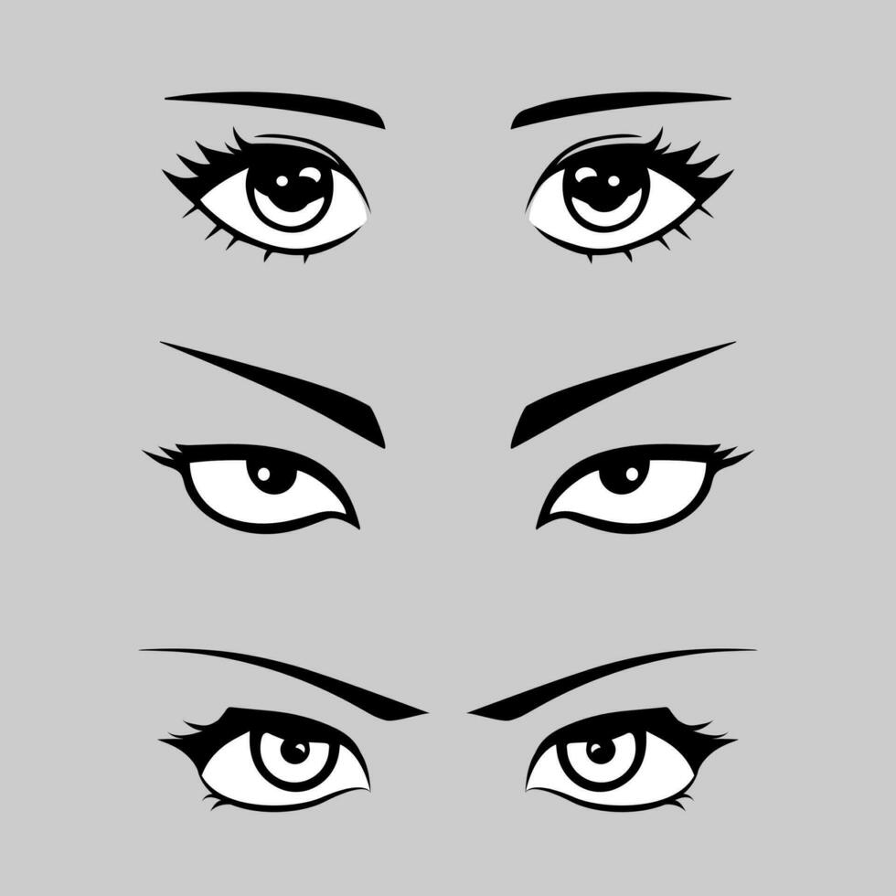 Set of female eyes with eyebrows in anime style. vector