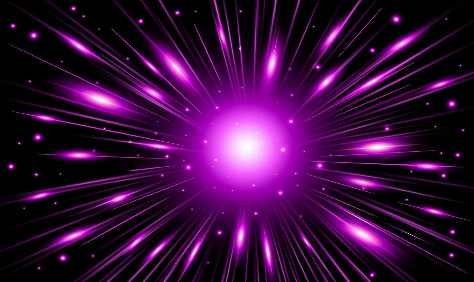 Purple glowing lines and particles of strong energy, magic in black space. vector