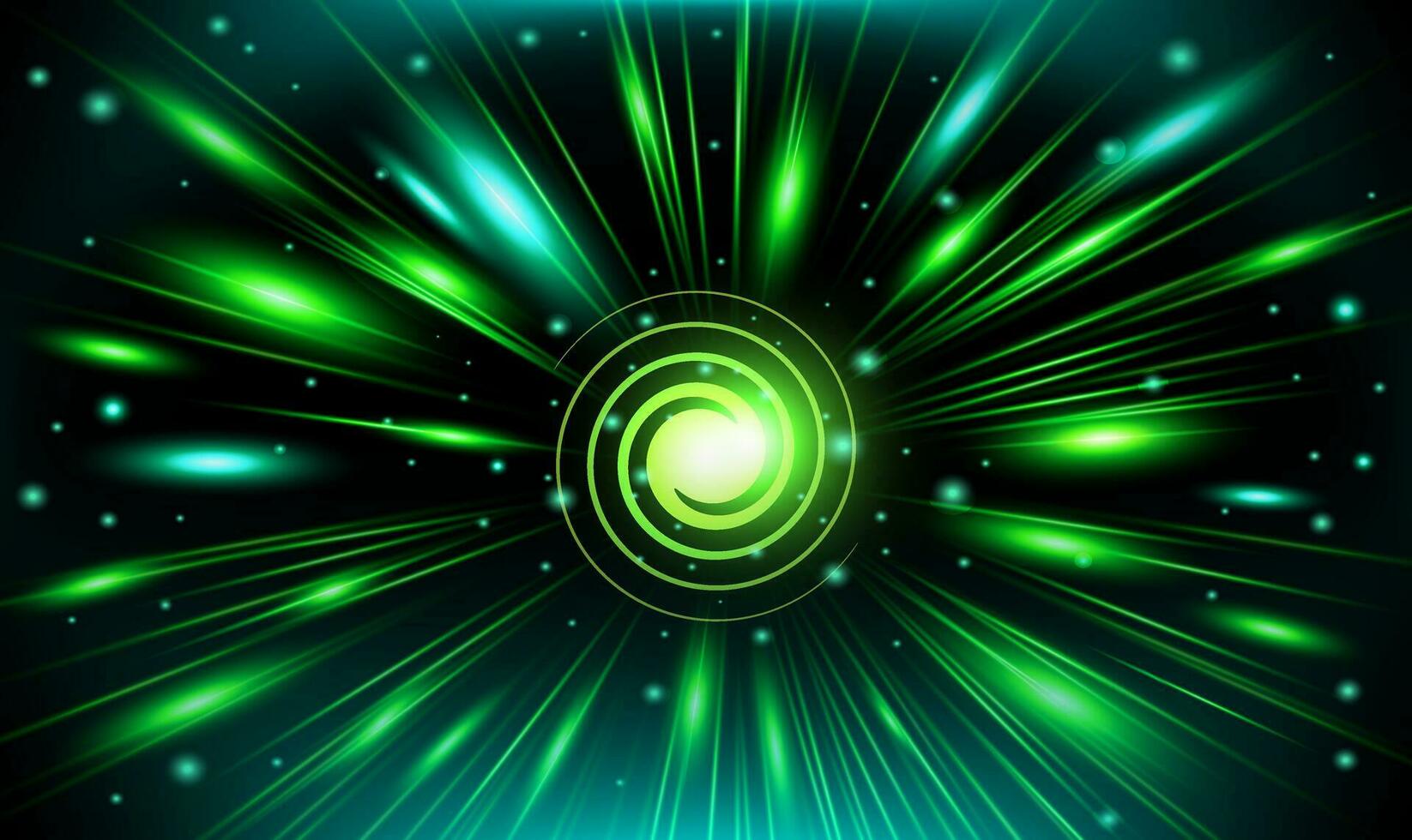 Green glowing lines and strong energy particles in black space. vector