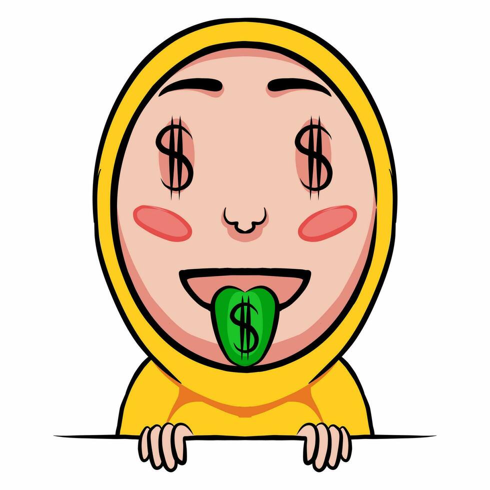 Icon with a green tongue sticking out there is a dollar sign, meaning materialistic or matre vector