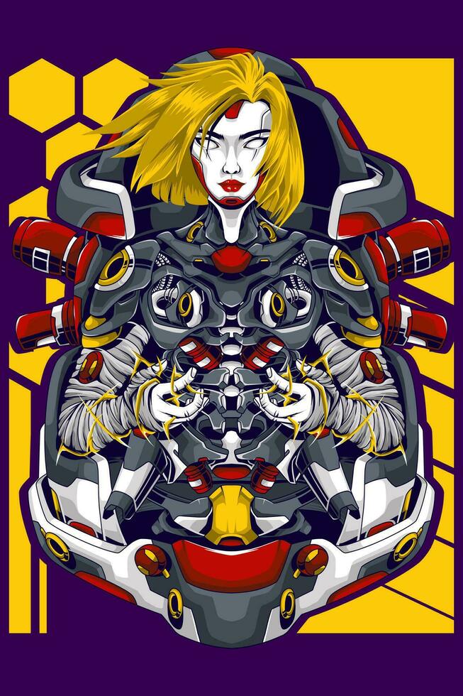 Cyborg girl with lightning power suitable for screen printing onto t-shirts vector